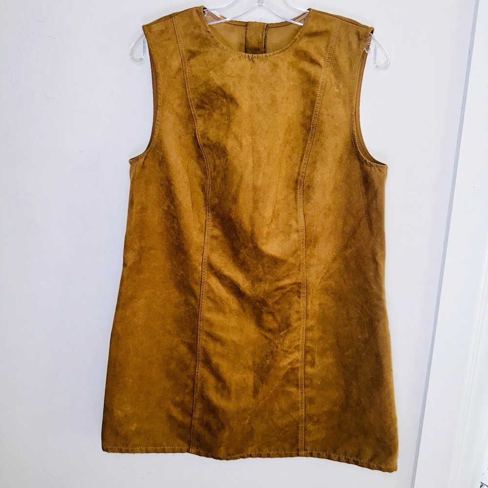 H&M Divided Tan Brown Faux Suede Sleeveless Mini Shift Dress Pockets Large
